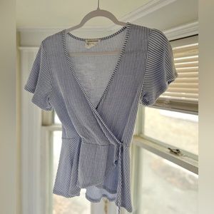 Blue Striped V Neck Peplum Tie Front Blouse